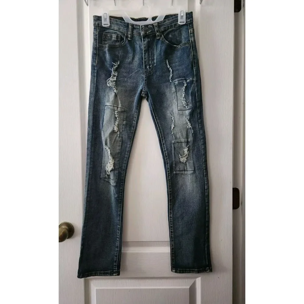 ENCRYPTED Boy Slim Fit Blue Jeans‎ Pants Pockets Stretch Distressed Size 16